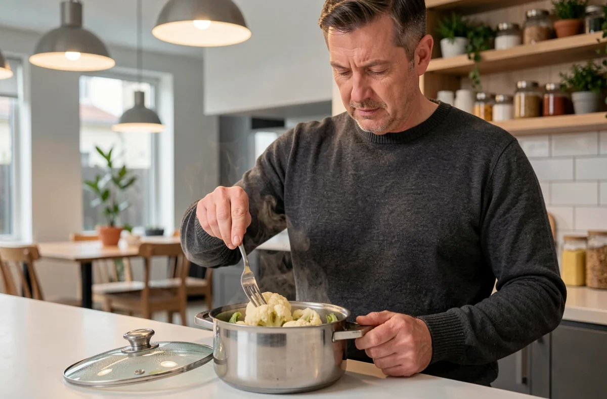 Homme testant la cuisson d'un chou-fleur vapeur dans une casserole à couvercle en verre dans une cuisine moderne