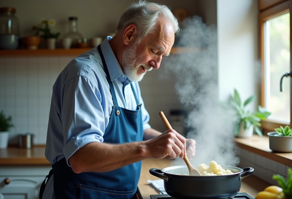 Homme ajoutant du chou-fleur dans une casserole en cuisine