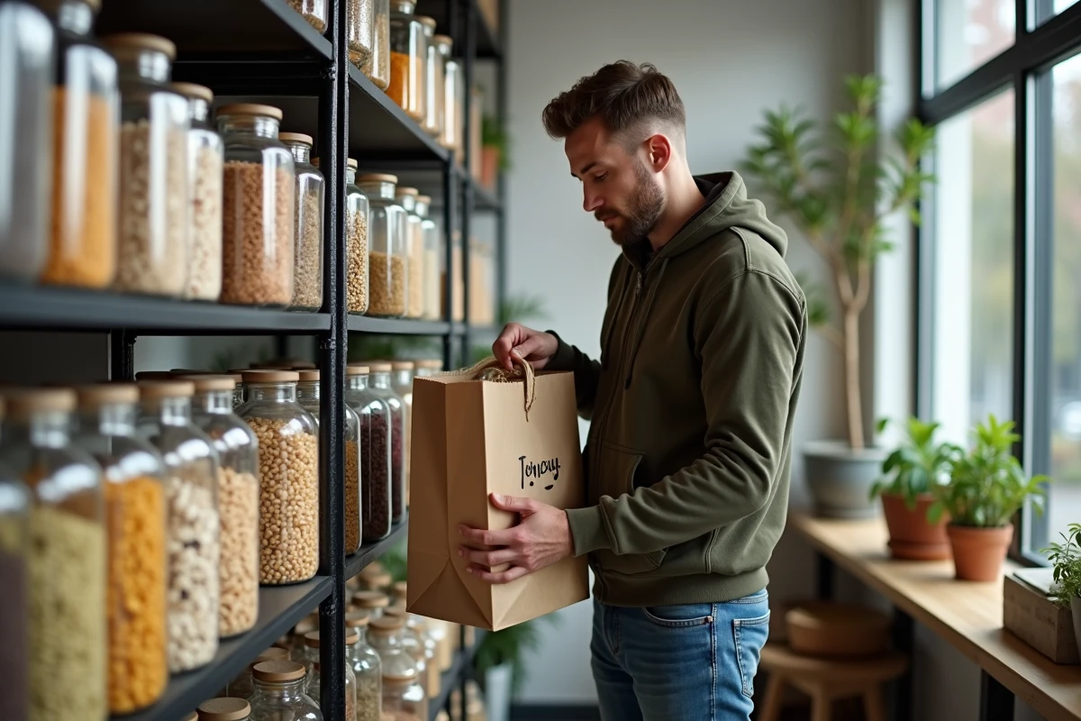 Homme remplissant des bocaux en vrac dans une épicerie zéro déchet avec des rayons de produits alimentaires en dispensateurs