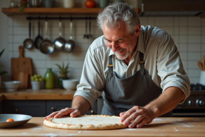 Homme d'âge moyen inspectant une pierre à pizza usée dans la cuisine