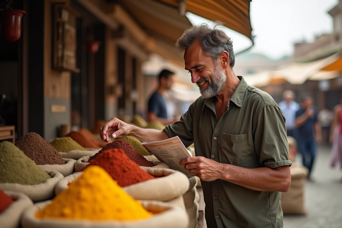 Homme consultant une liste d'épices imprimée devant des sacs en toile de jute remplis de mélanges d'épices colorés sur un marché en plein air