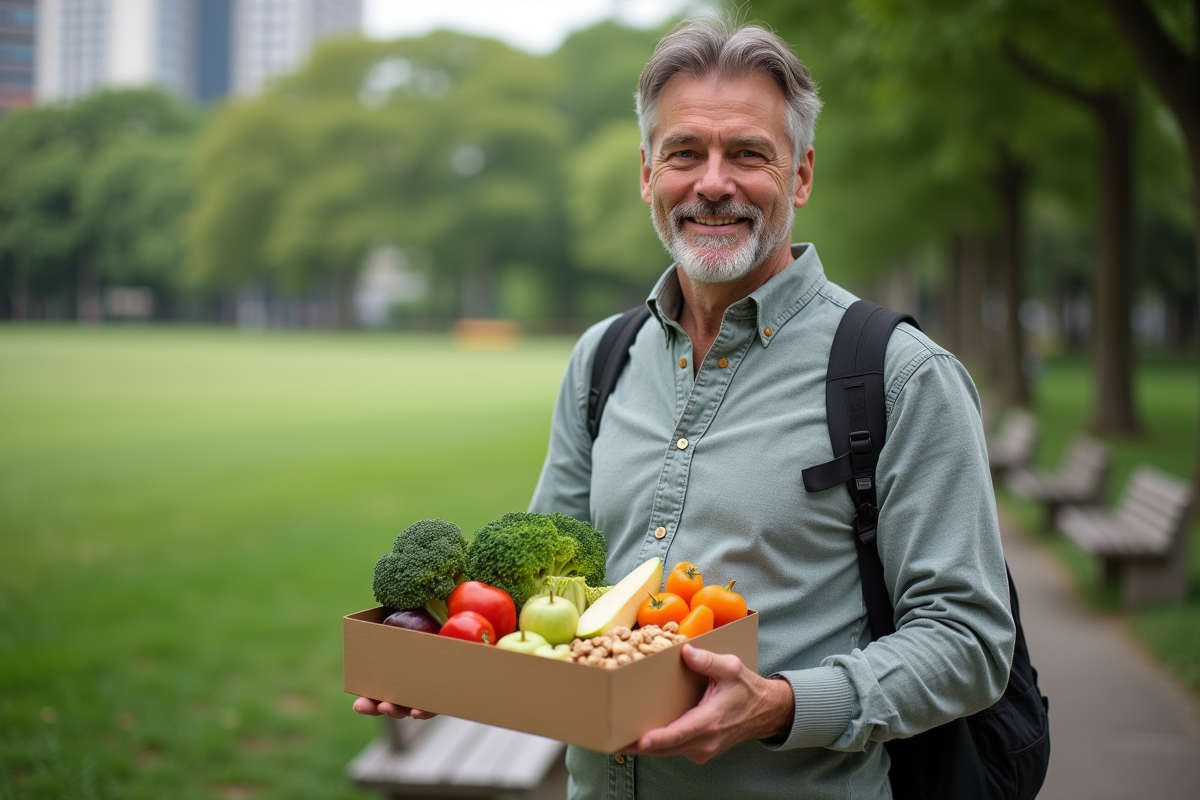 Homme avec lunchbox rempli de légumes dans un parc verdoyant