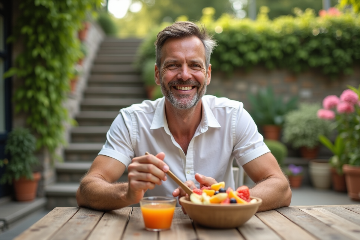 Homme souriant dégustant une salade de fruits en extérieur