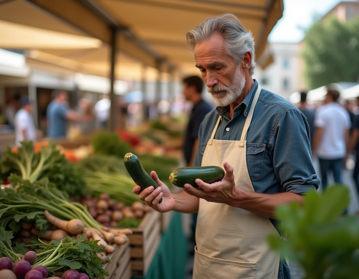 Homme au marché examinant des légumes en V comme courgettes et navets dans des caisses en bois