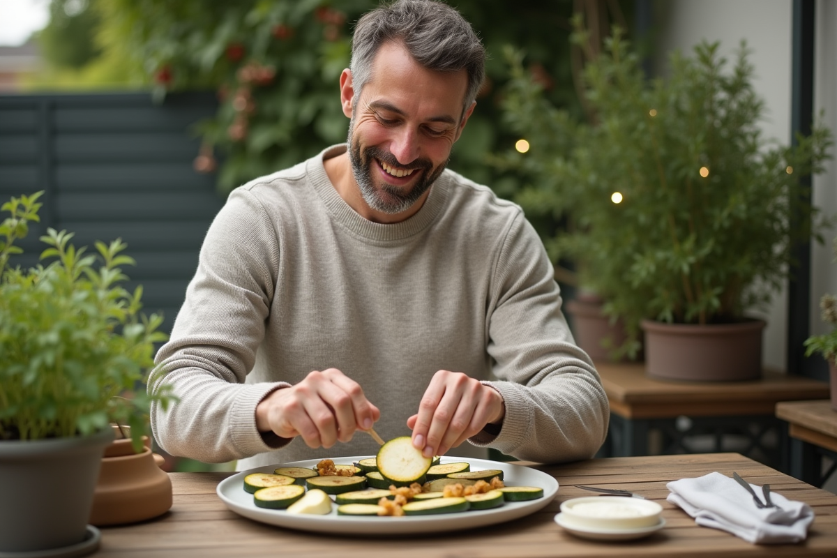 Homme arrangeant mozzarella sur zucchini grillé en extérieur