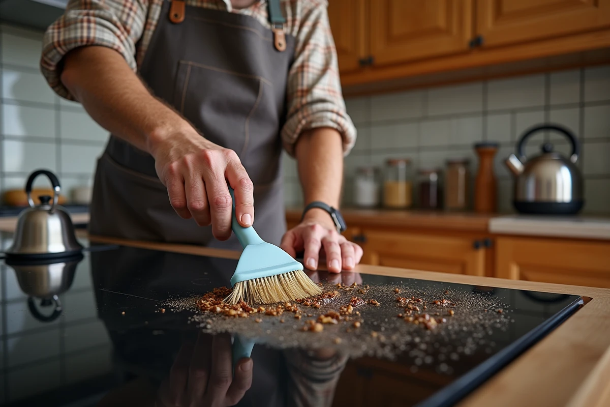 Homme âgé grattant une plaque de cuisson avec outil spécialisé