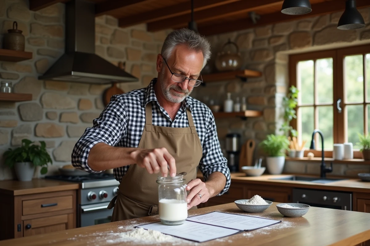 Homme en cuisine rustique versant de la farine dans un bol