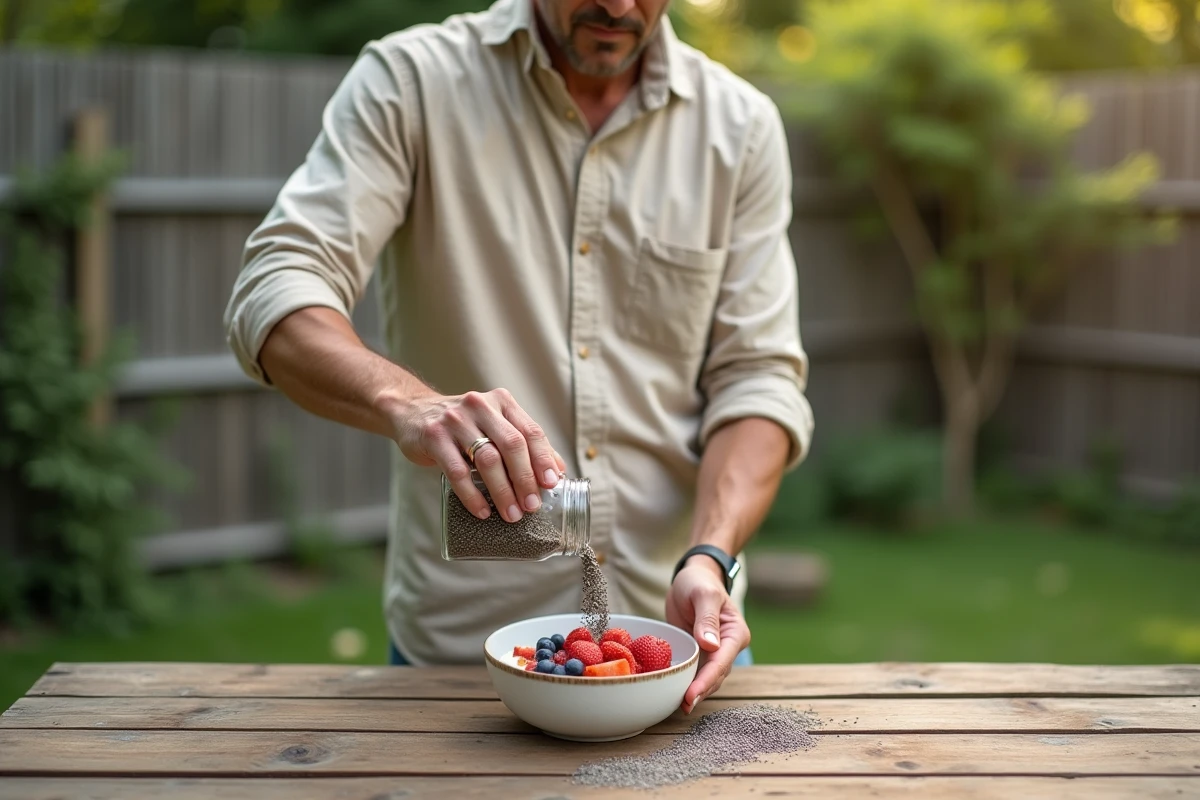 Homme versant des graines de chia dans un bol de yaourt