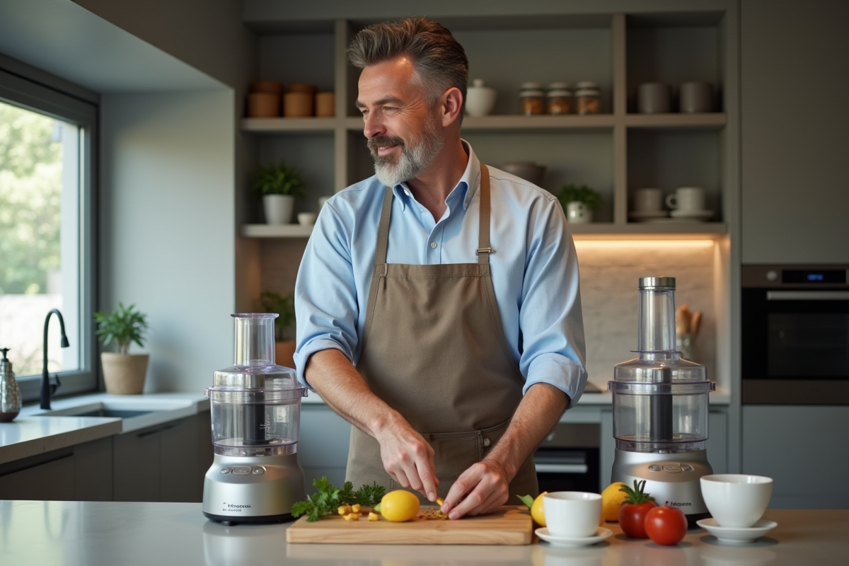 Homme préparant des ingrédients avec deux robots de cuisine dans une cuisine moderne