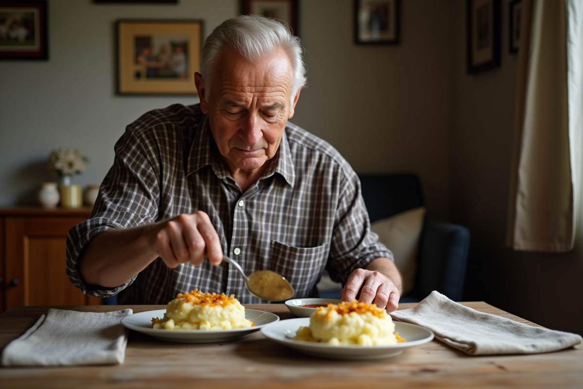 Homme âgé servant de la purée dans une ambiance rustique chaleureuse