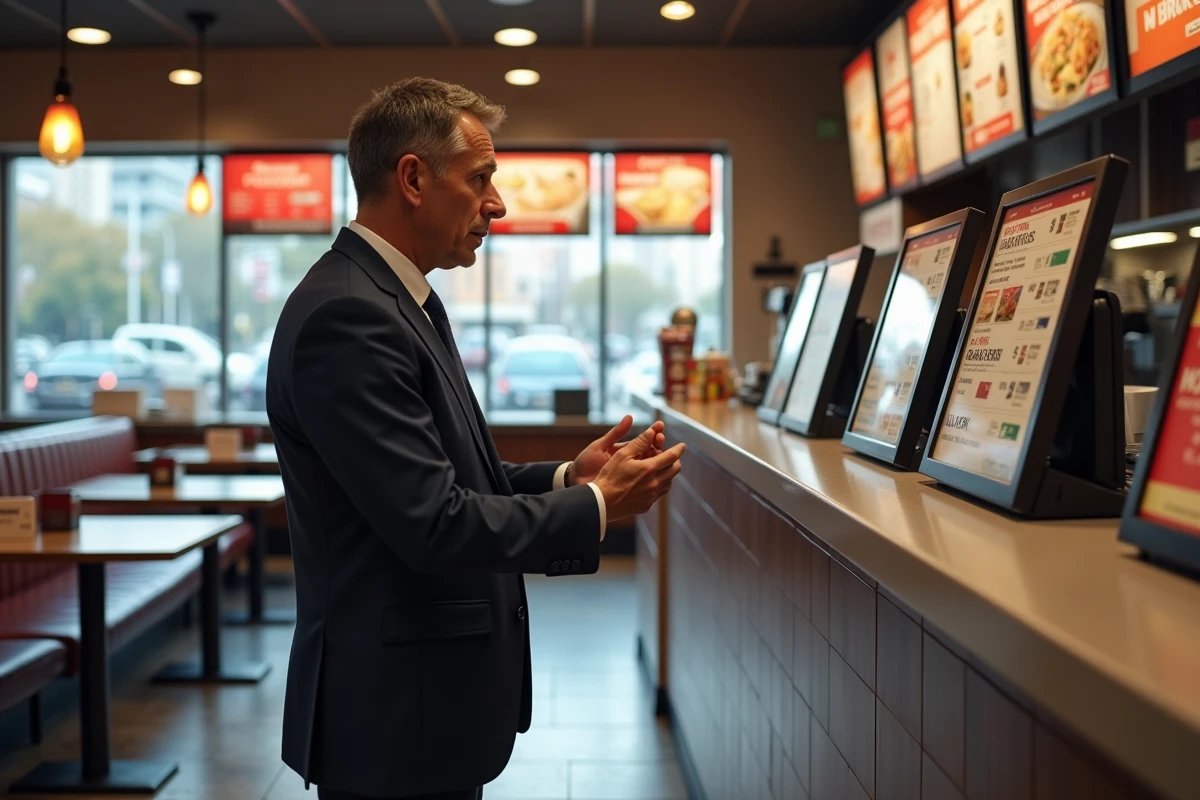 Homme d affaires regarde sceptiquement le menu digital au restaurant
