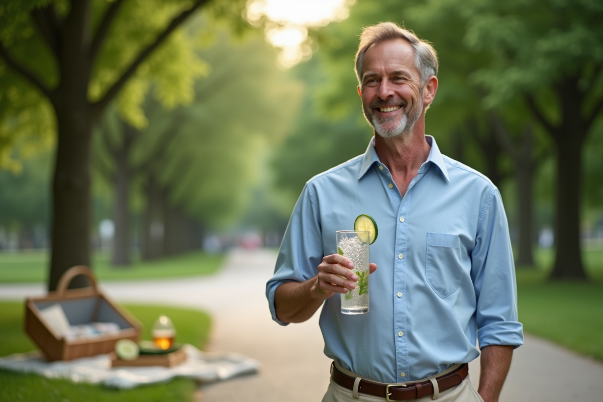 Homme souriant avec verre d