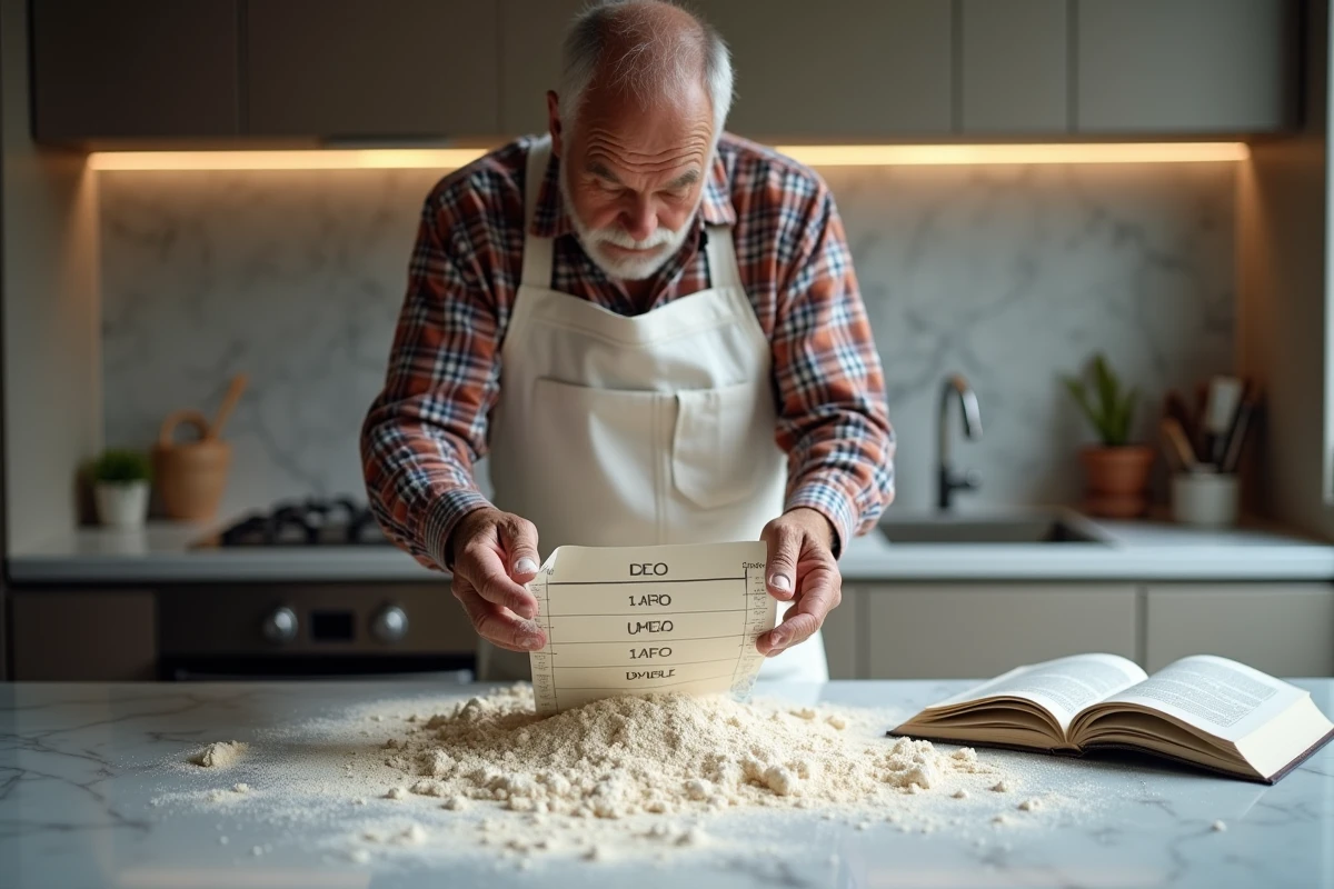 Homme français vérifie un tableau de conversion de farine