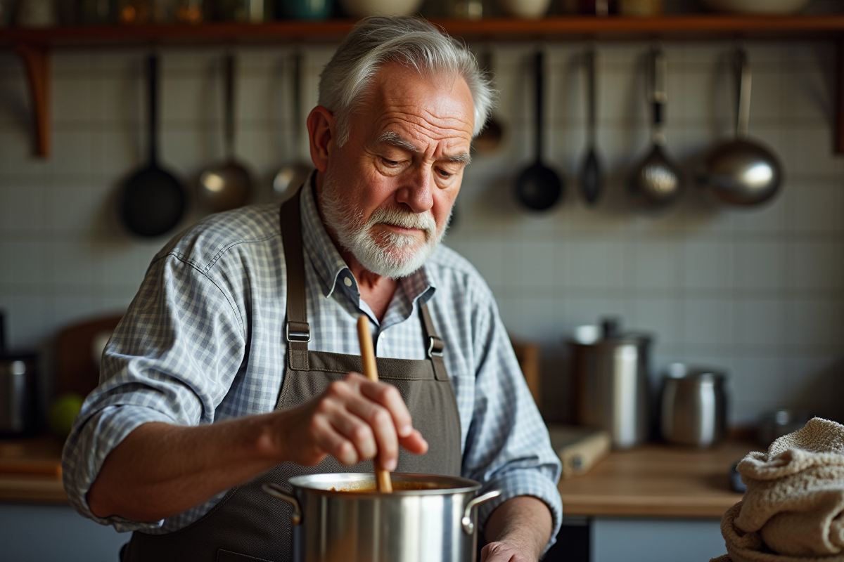 Homme âgé contrôlant la température de la soupe dans une casserole