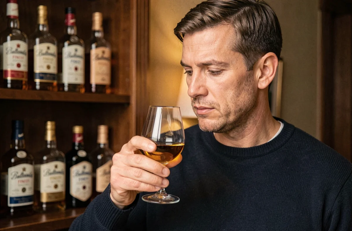Homme tenant un verre de whisky Ballantine's et l'examinant dans un bar à domicile chaleureux
