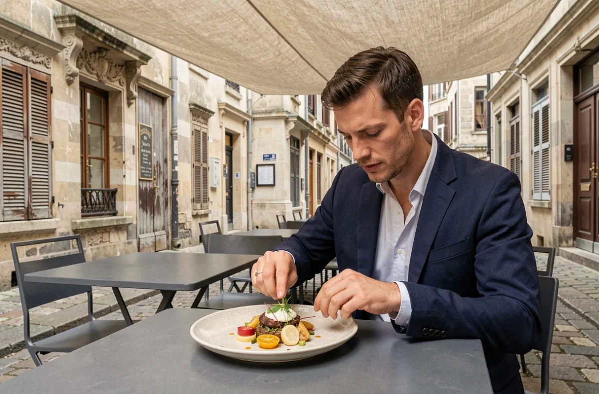 Terrasse de L'Imaginaire rue de la Monnaie à Lille, table en métal ardoise avec une assiette gastronomique raffinée et façades en pierre ancienne