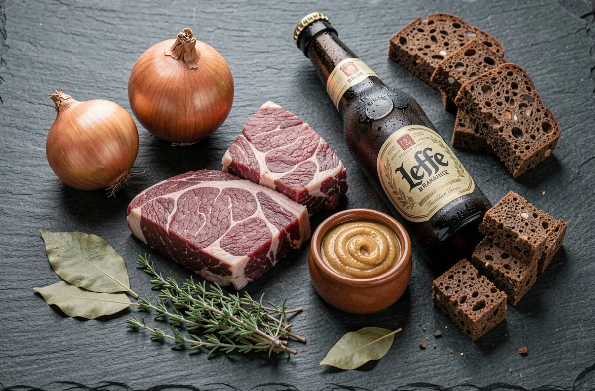 Ingrédients de la carbonade flamande disposés sur une ardoise : bœuf marbré, oignons, bière belge brune, moutarde et pain d'épices
