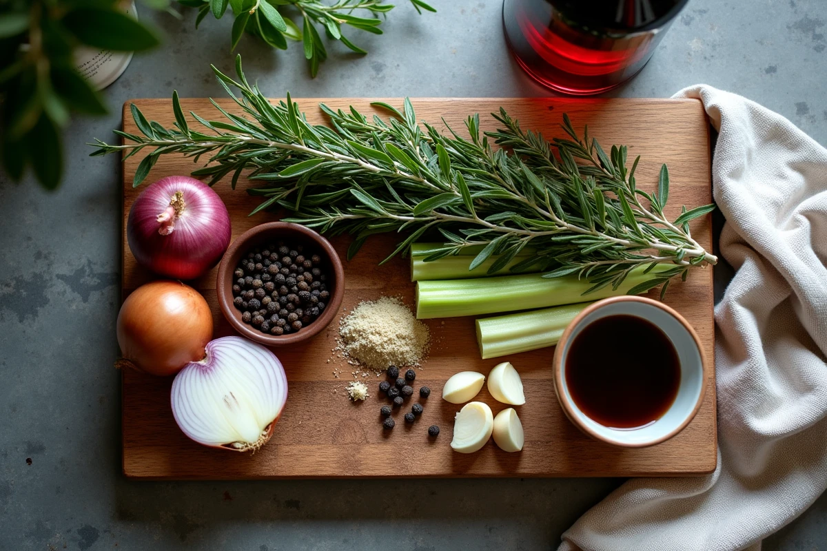 Ingrédients de marinade pour chevreuil disposés sur une planche en bois rustique : thym, genièvre, ail, vin rouge et épices pour civet