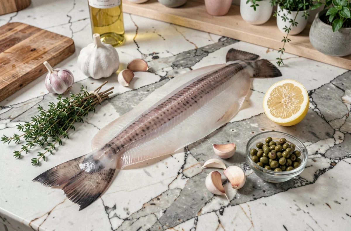 Queue de lotte crue sur marbre entourée d'ingrédients frais pour une recette gastronomique maison