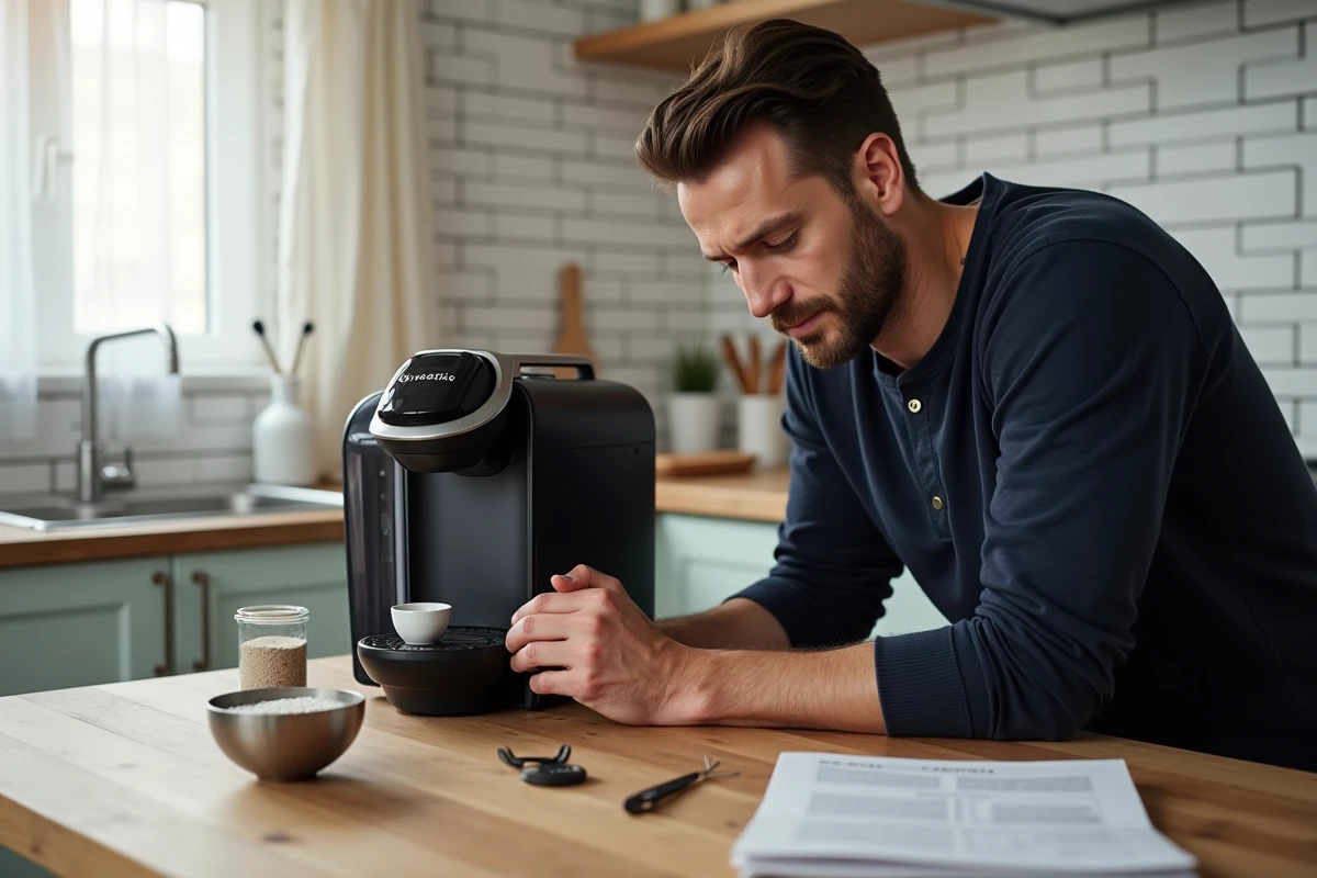 Homme inspectant le réservoir démonté d'une cafetière Tassimo Bosch lors d'un détartrage sans pastille à domicile