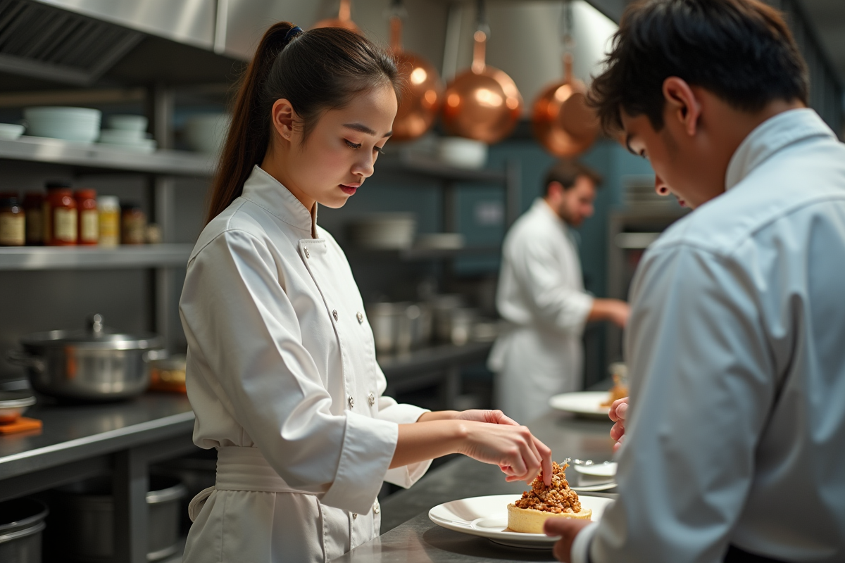 Jeune étudiante en cuisine observant un chef en cuisine