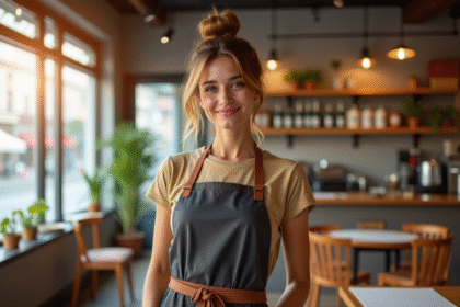 Jeune femme mode portant un tablier moderne dans un café urbain