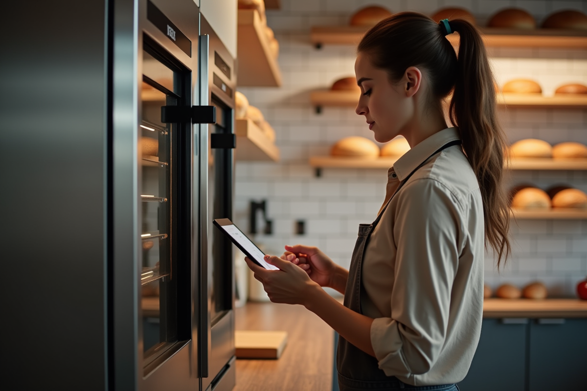 Jeune femme gérant une boulangerie avec tablette et four