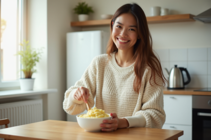 Jeune femme souriante préparant de la purée dans une cuisine lumineuse