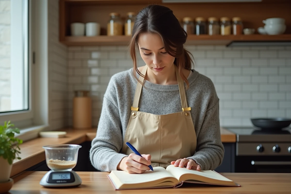 Jeune femme en cuisine convertissant une recette ancienne