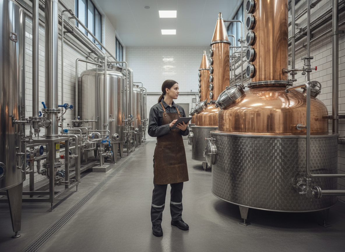 Jeune femme distillatrice observant un alambic moderne dans la distillerie