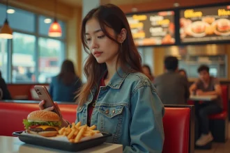 Jeune femme en denim compare prix sur son téléphone dans un fast food