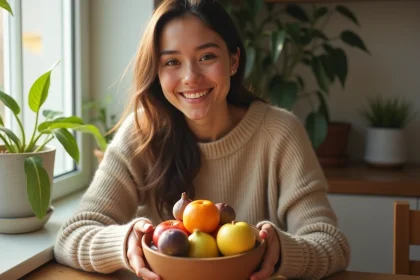 Jeune femme souriante avec fruits exotiques I dans une cuisine lumineuse