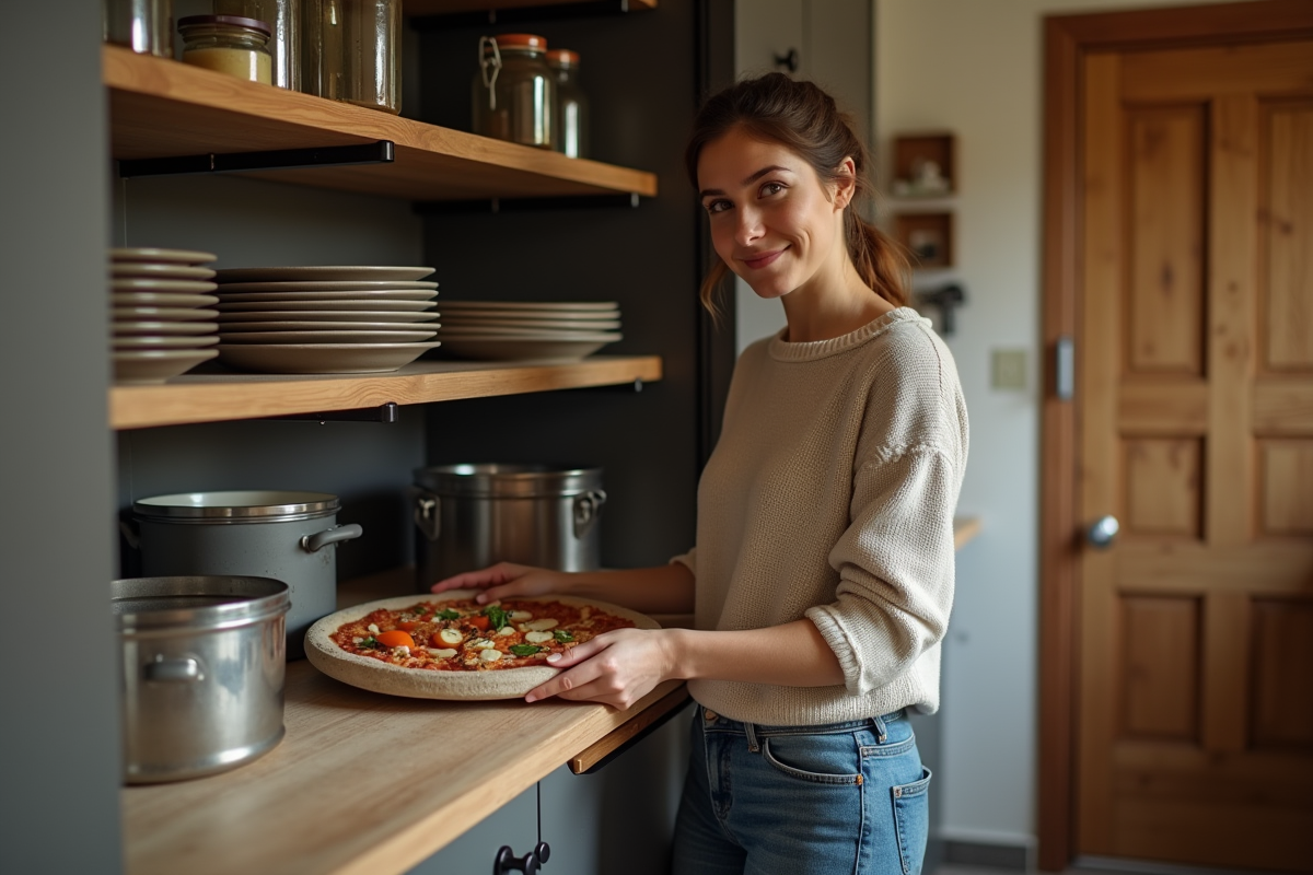 Jeune femme rangeant une pierre à pizza dans une cuisine organisée
