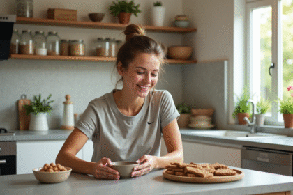Jeune femme en tenue sportive choisissant des snacks sains dans la cuisine
