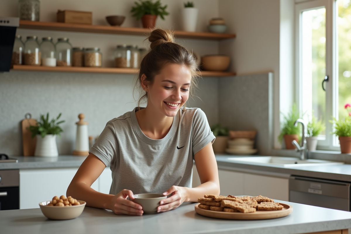Jeune femme en tenue sportive choisissant des snacks sains dans la cuisine