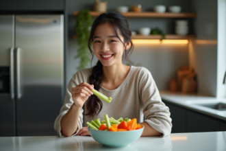 Jeune femme en athleisure mange des snacks végétaux dans la cuisine