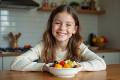 Jeune fille souriante dégustant une salade de fruits frais