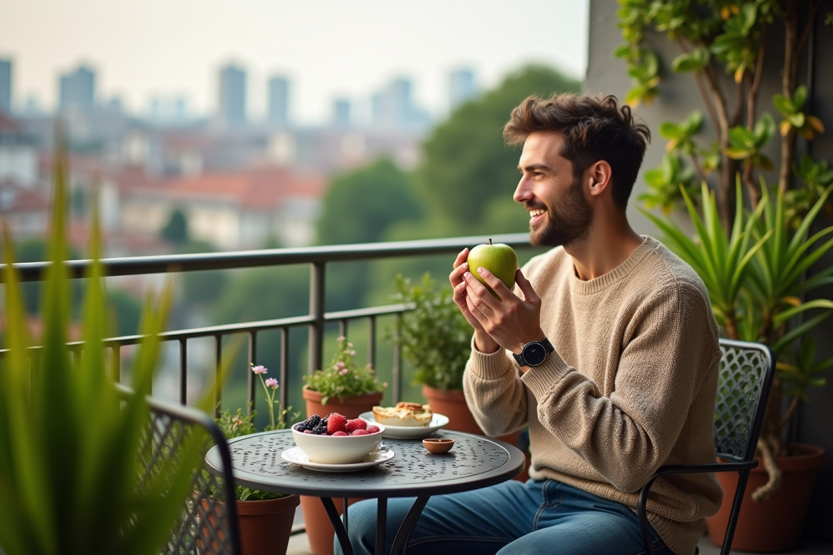 Jeune homme mangeant sur un balcon avec vue urbaine verte