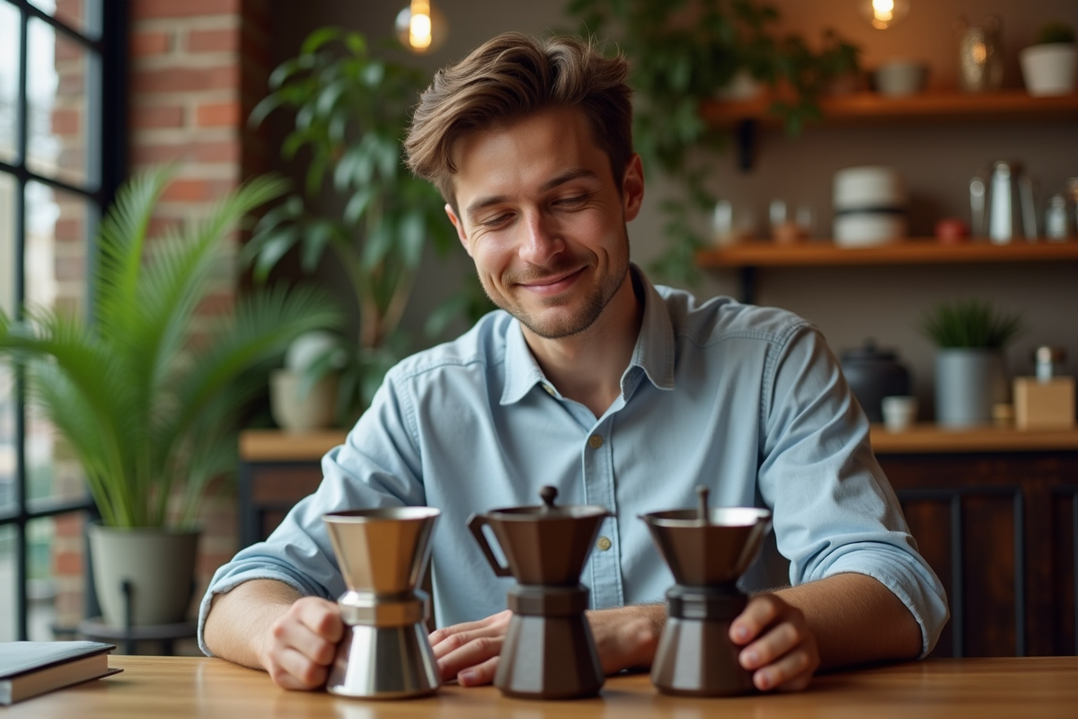 Jeune homme examine différentes cafetières dans un café