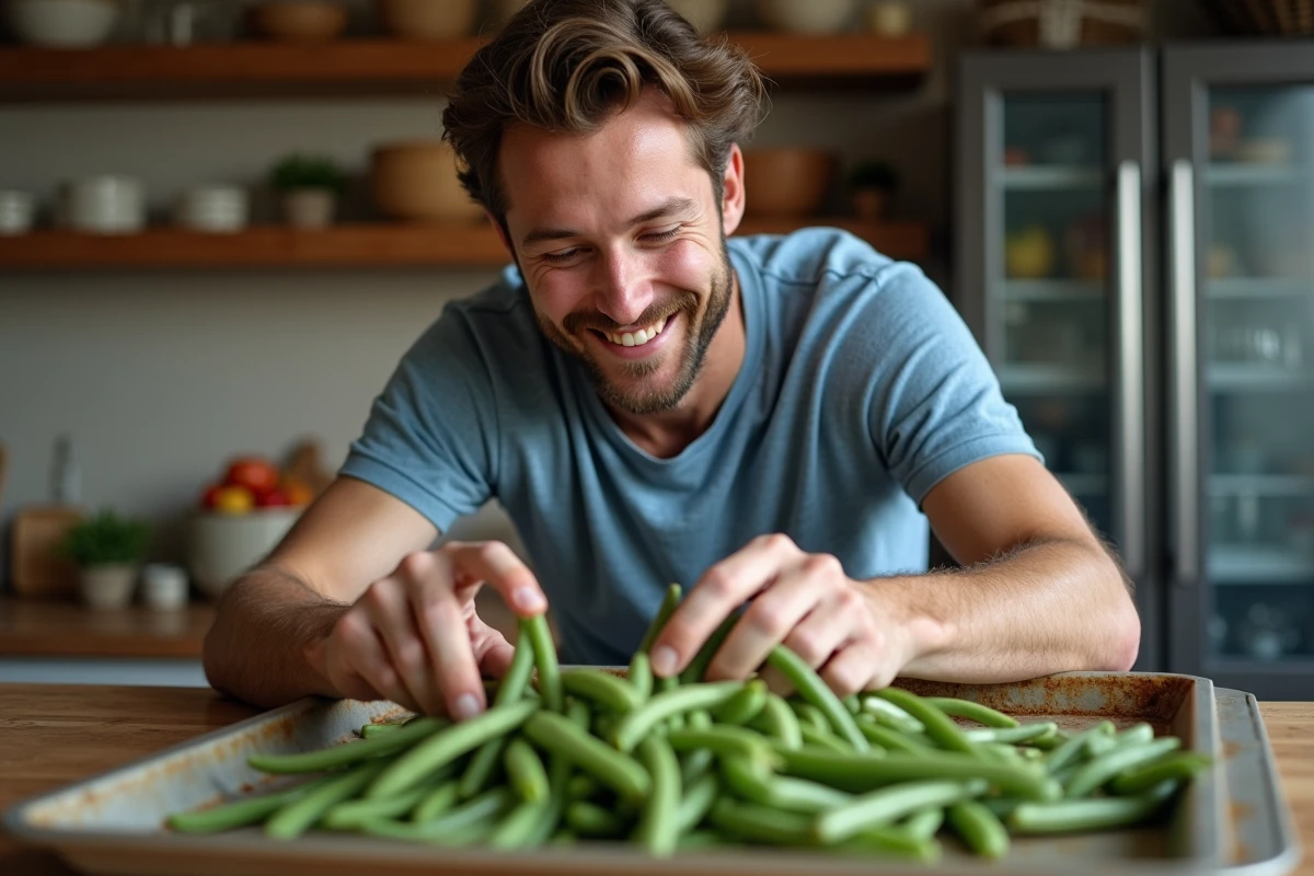Jeune homme préparant des haricots pour congélation