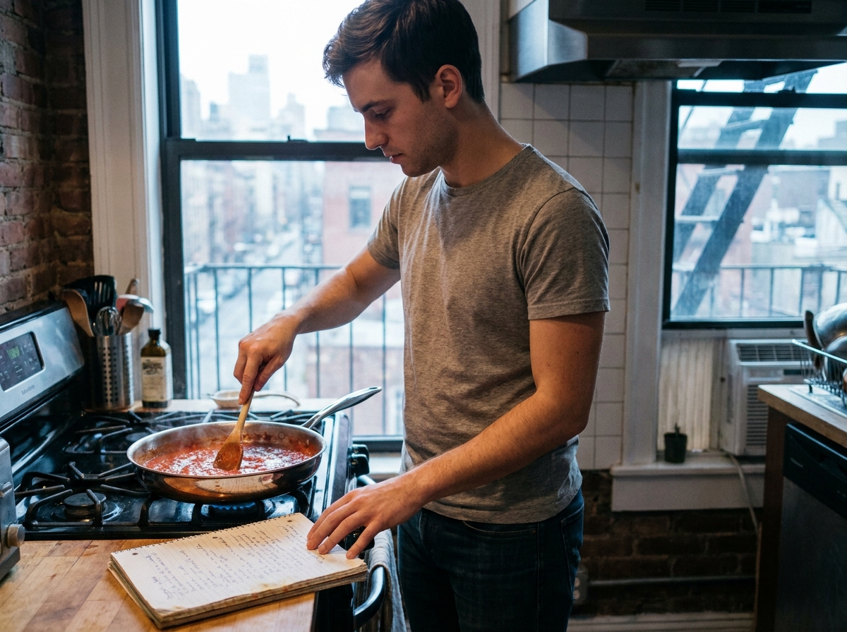 Jeune homme cuisinant seul dans un appartement urbain en apprenant une recette depuis un carnet manuscrit