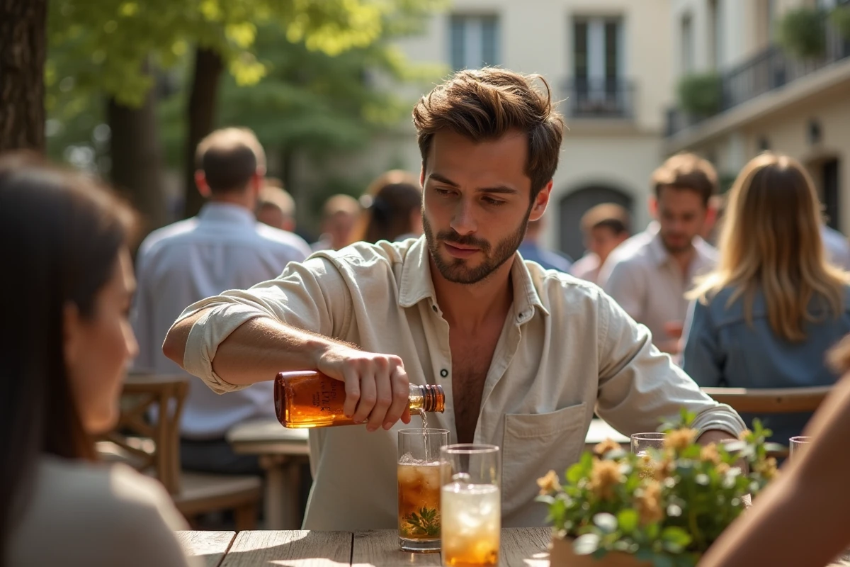 Jeune homme versant du whisky Fondaudège lors d’un apéritif extérieur