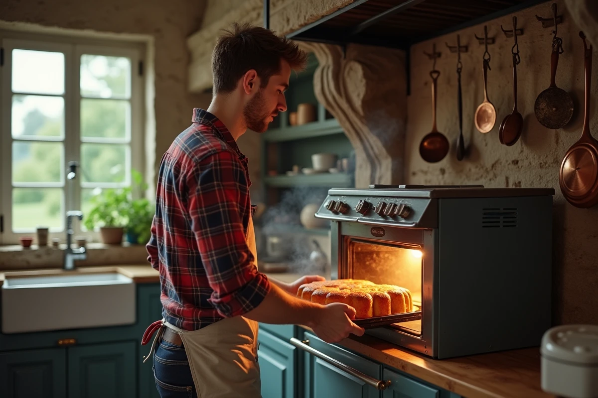 Jeune homme sortant un quatrequarts du four vintage