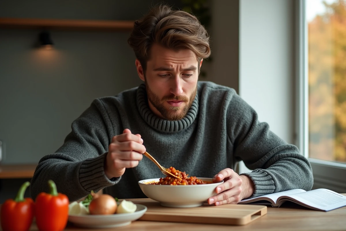 Jeune homme dégustant un goulash dans une maison moderne