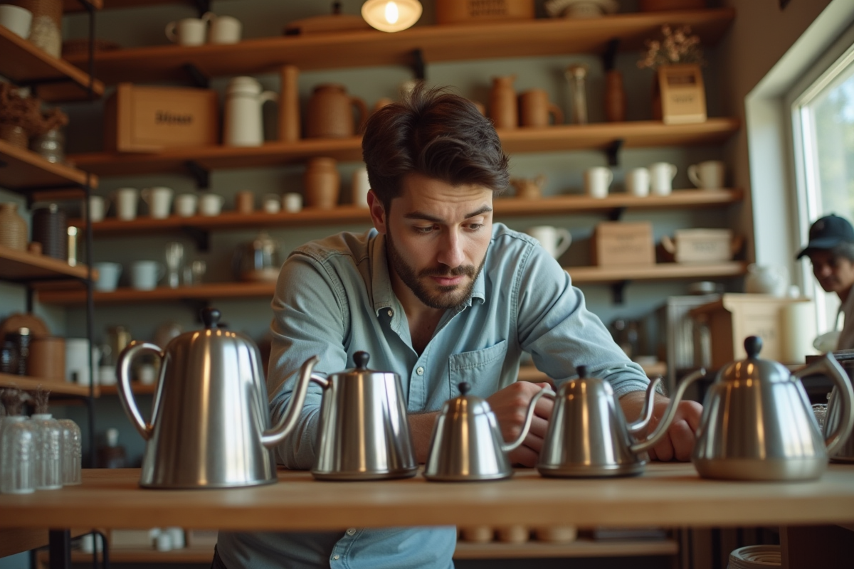 Jeune homme compare des bouilloires dans une boutique chaleureuse