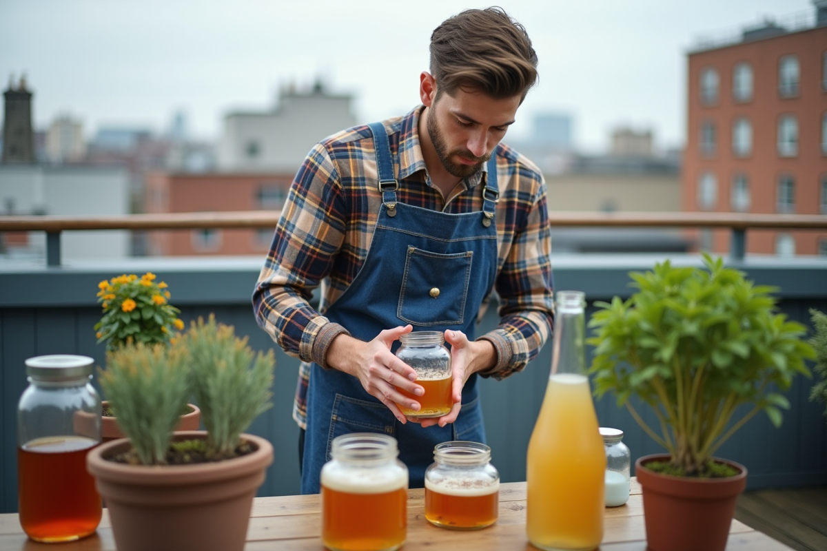 Jeune homme inspectant un bocal de kombucha en extérieur