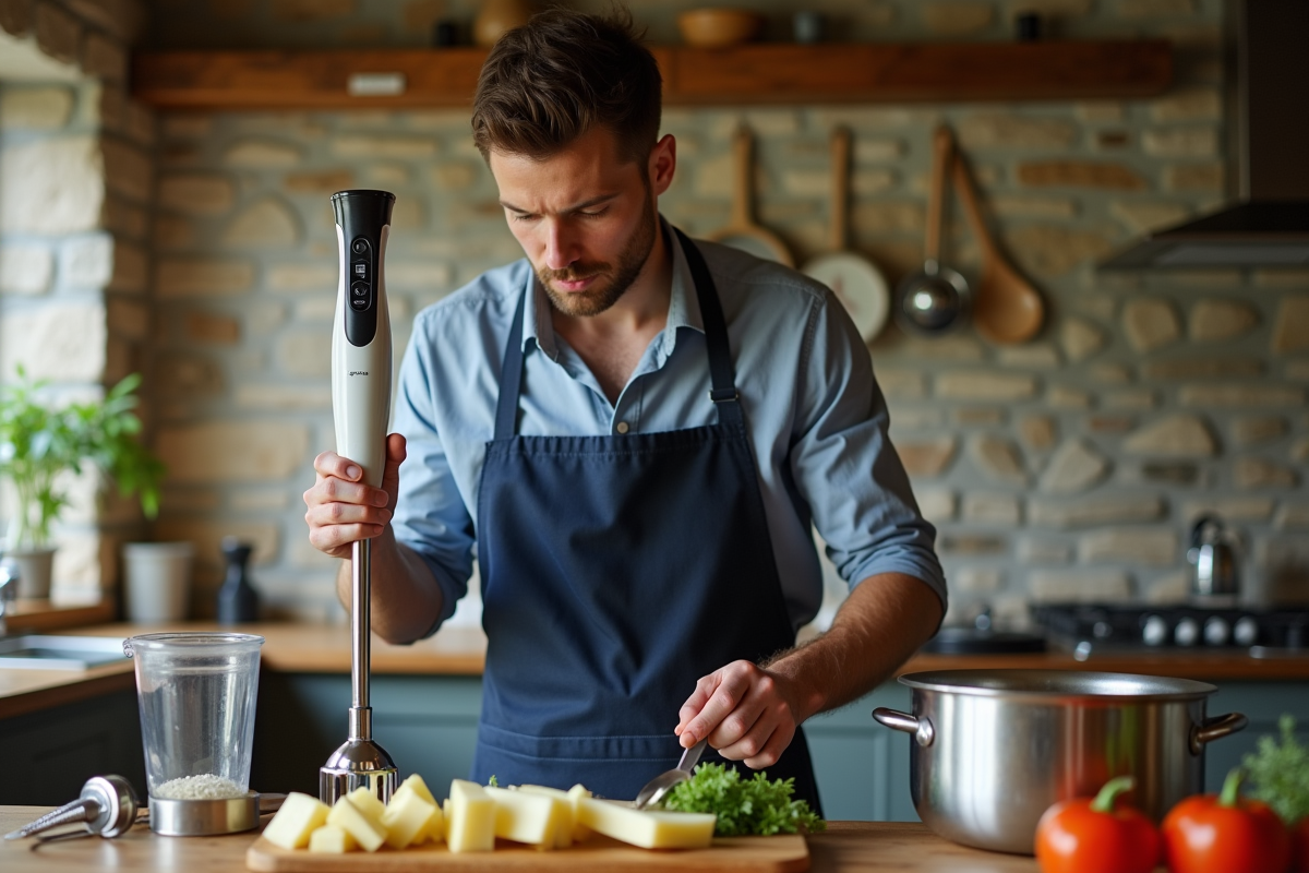Jeune homme comparant un presse-purée et un mixeur à la maison