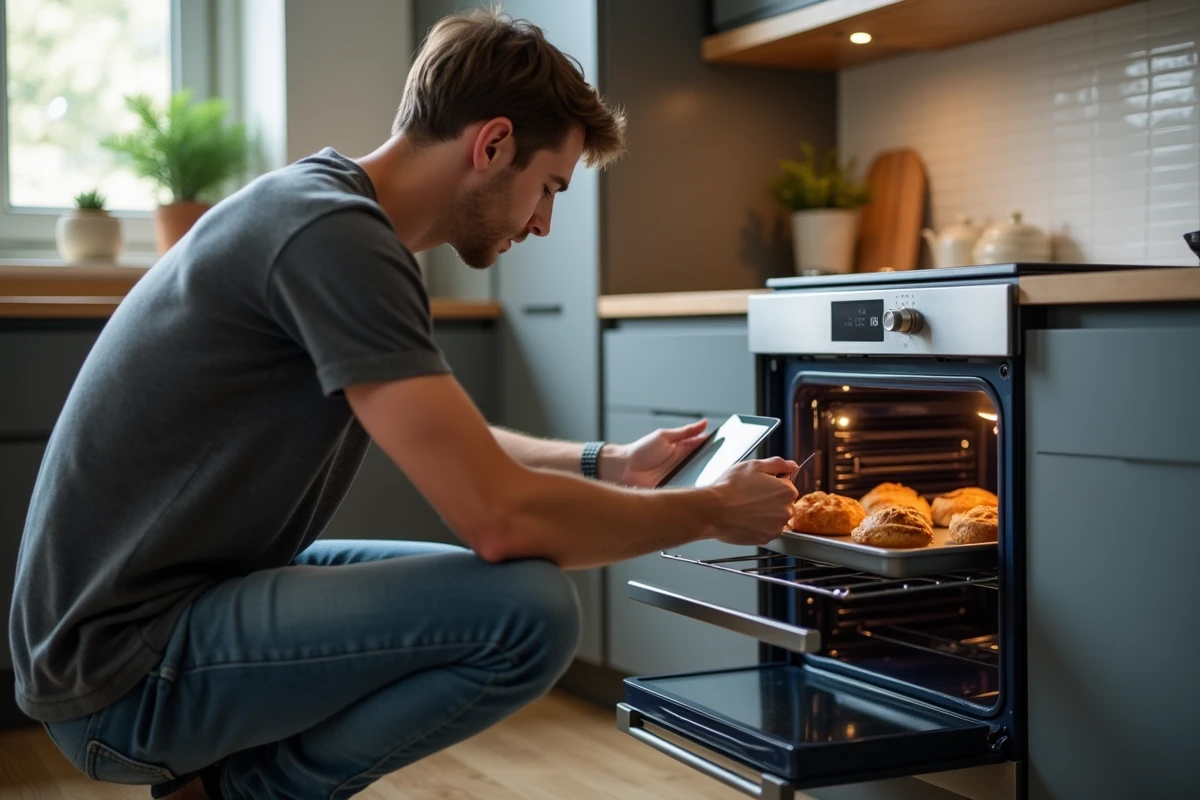 Jeune homme ajustant le thermostat de son four en cuisine moderne