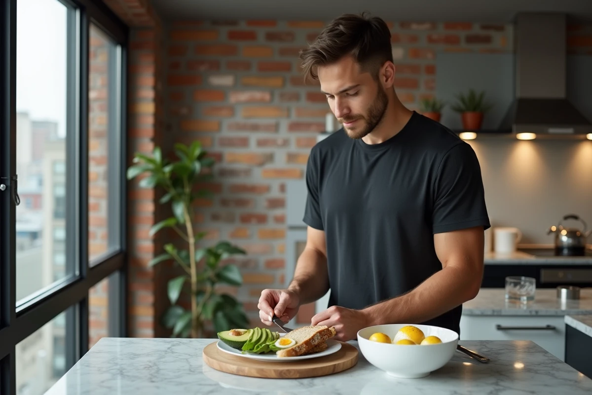 Jeune homme préparant un petit déjeuner sain dans la cuisine urbaine