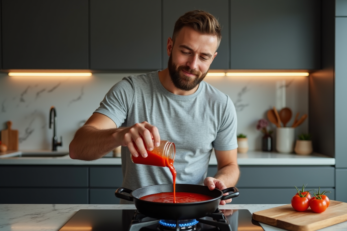 Jeune homme versant sauce tomate dans une poele moderne